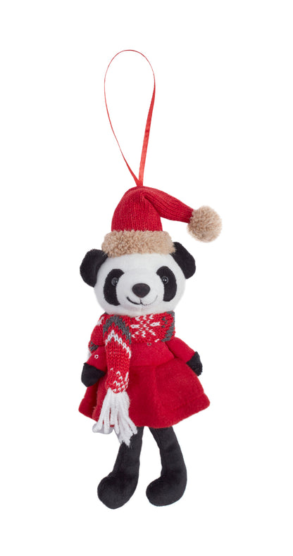 Panda ornament wearing a red sweater and Santa hat on a white background