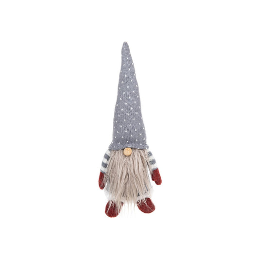 Plush gnome with a gray knit hat and red gloves on a white background