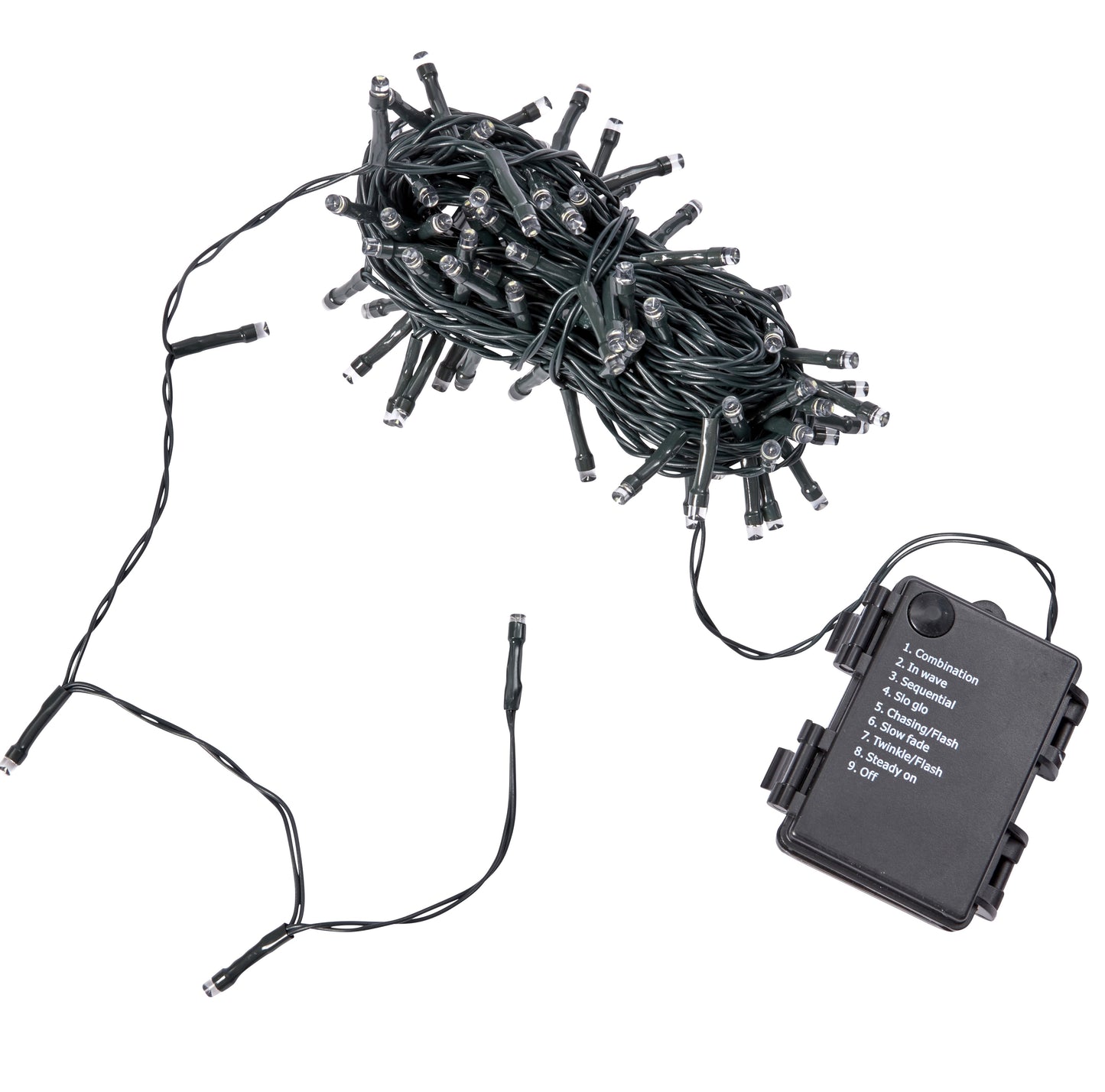 String lights with black wire and remote control on a white background