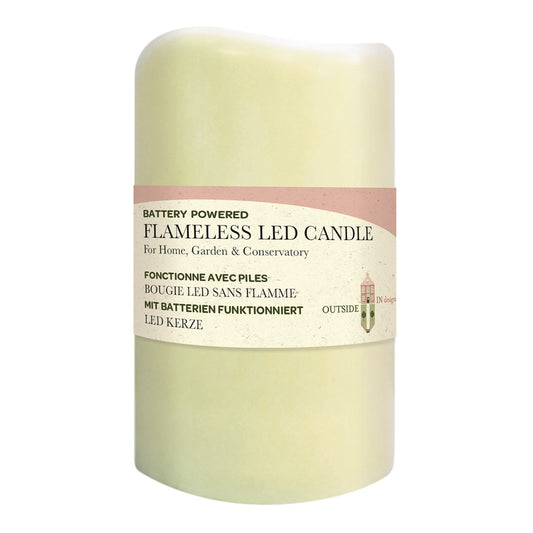 Battery-powered flameless LED candle with a label on a white background