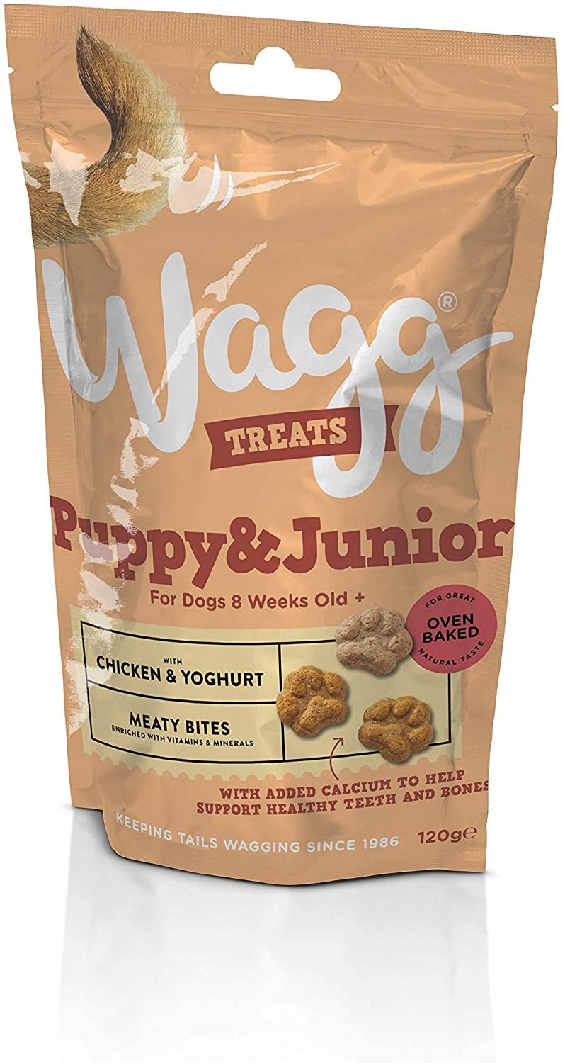 Wagg Puppy & Junior Treats - Chicken & Yoghurt Meaty Bites 120g on a white background