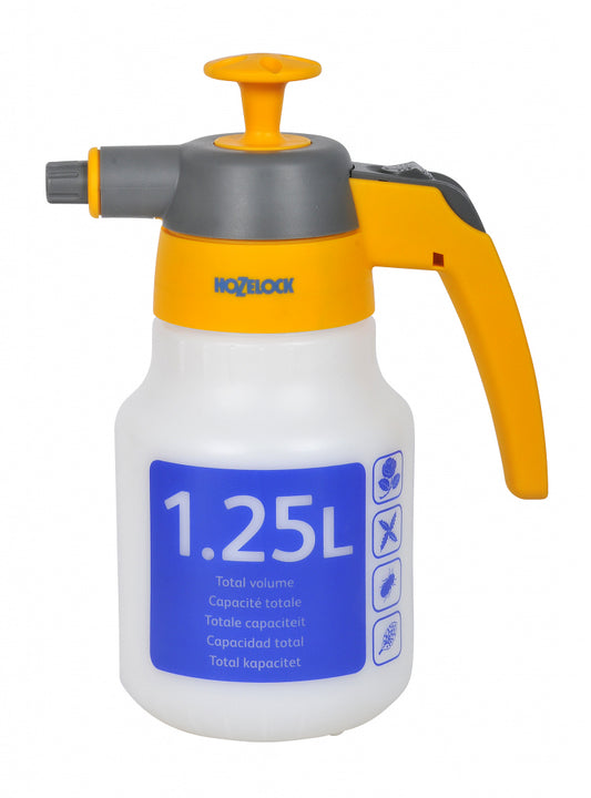 Hozelock spray bottle with yellow nozzle and white body on a white background