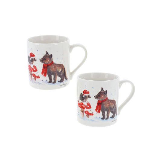 Two mugs with dog illustrations wearing scarves and hats on a white background
