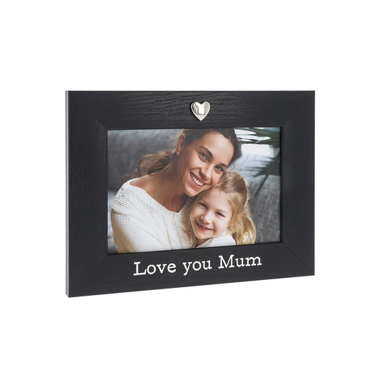 Black photo frame with a heart-shaped emblem displaying a photo of a woman and a child, with 'Love you Mum' text.