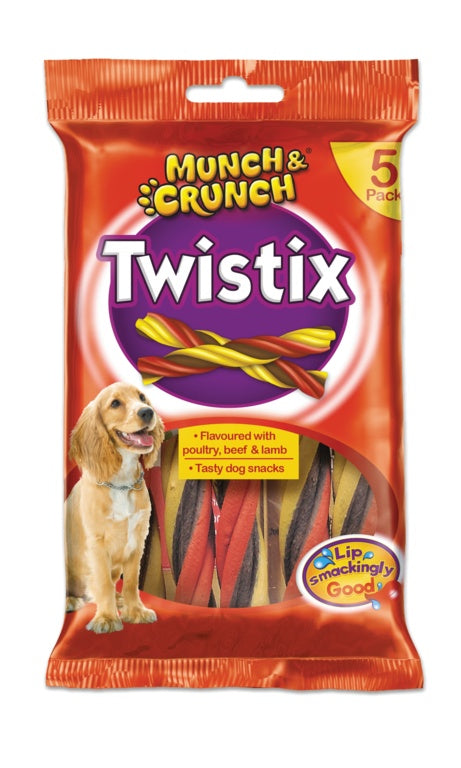 Pack of Munch & Crunch Twistix dog treats with a red packaging design.