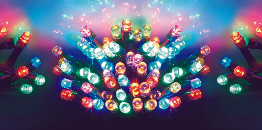 Multicolored string lights on a dark background