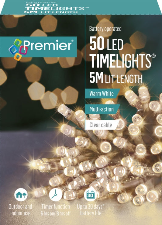 Box of Premier LED timelights with product details on a dark background