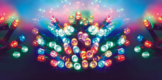 Multicolored string lights on a dark background