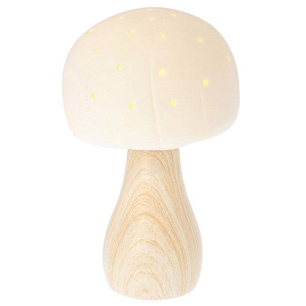 Mushroom-shaped lamp with wooden base on a white background