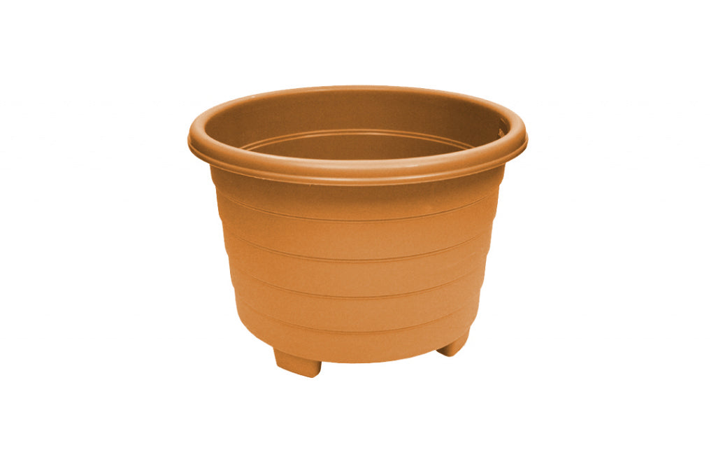 Round terracotta colour plastic plant pot | Lightweight ribbed effect planter with feet | UK garden flower container