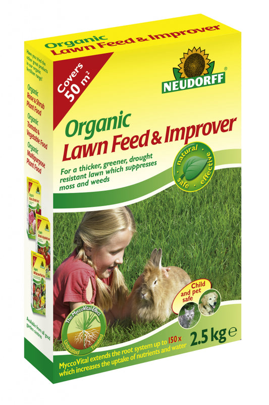 Neudorff Organic Lawn Feed & Improver packaging with a child and rabbit illustration on a white background