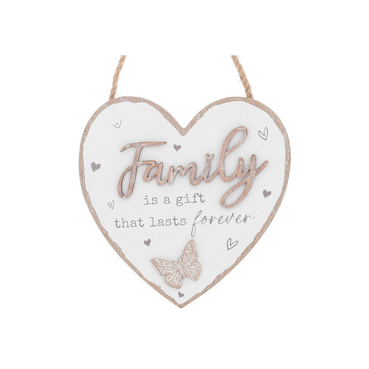 Heart-shaped hanging sign with 'Family is a gift that lasts forever' text on a white background