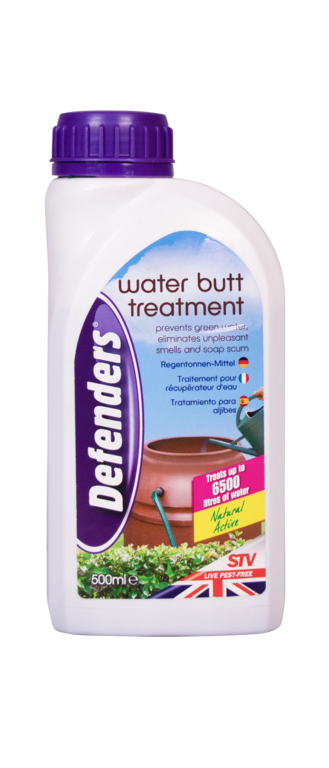 Bottle of Defenders water butt treatment on a white background