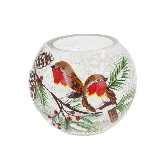 Decorative glass bowl with painted birds and foliage on a white background