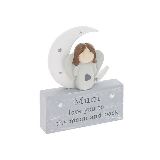 Decorative figurine with a girl on a moon, placed on a wooden block with 'Mum love you to the moon and back' text.