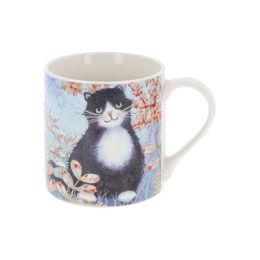 Mug with a black and white cat design on a floral background