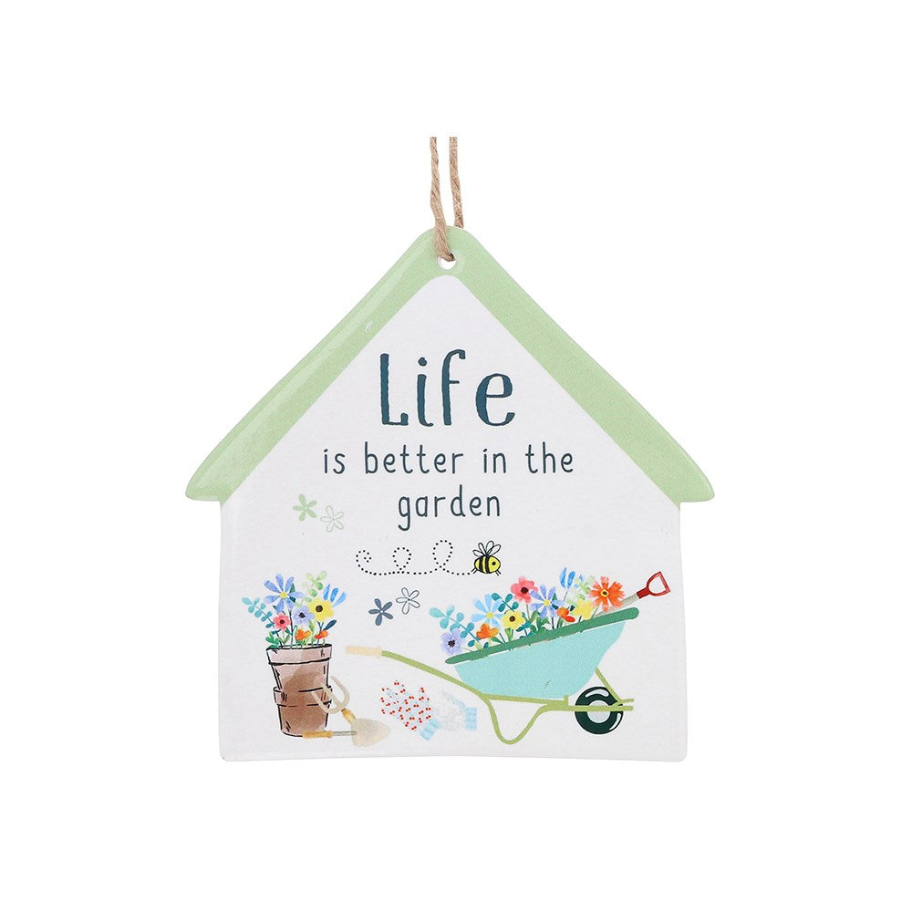 Decorative sign with 'Life is better in the garden' text and gardening-themed illustrations on a white background.