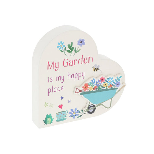 Heart-shaped decorative box with garden-themed illustrations and text on a white background