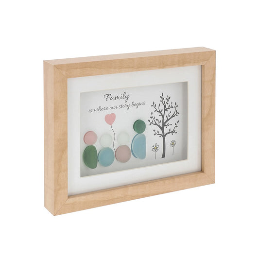 Wooden photo frame with family-themed design and text on a white background