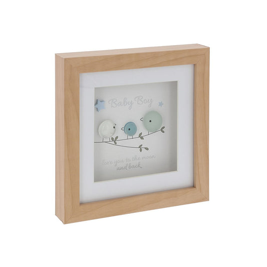 Framed picture with birds and 'Baby Boy' text on a white background