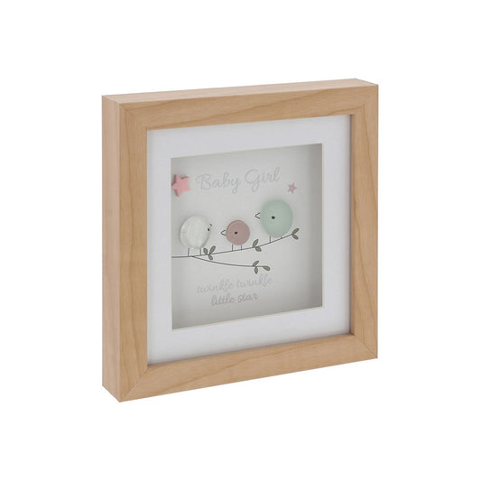 Wooden photo frame with a decorative card featuring birds and text on a white background