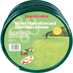SupaGarden 50m Reinforced Green Garden Hose | Heavy duty high quality hosepipe for watering UK gardens