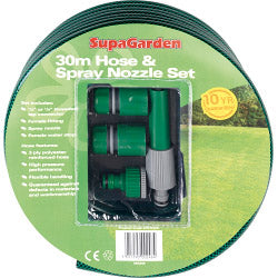 SupaGarden 30m Hose and Spray Nozzle Set | Green 3-ply reinforced garden hose with fittings UK