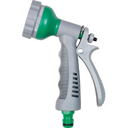 Gray and green garden hose spray nozzle on a white background