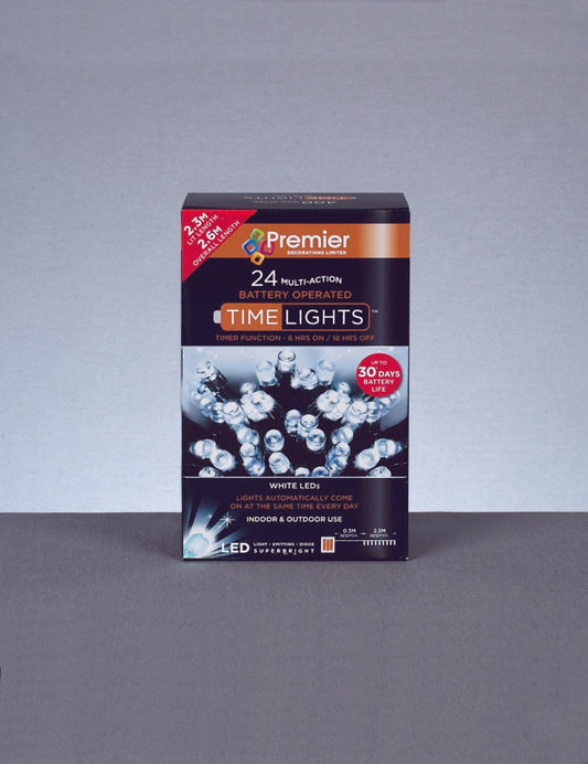 Box of Premier Time Lights on a gray background