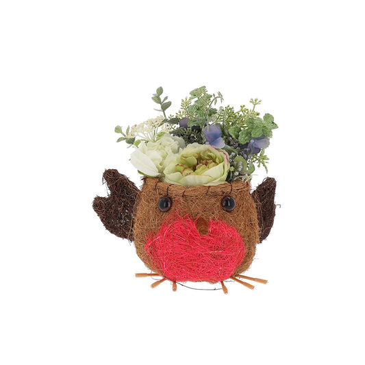 Decorative owl-shaped planter with flowers on a white background