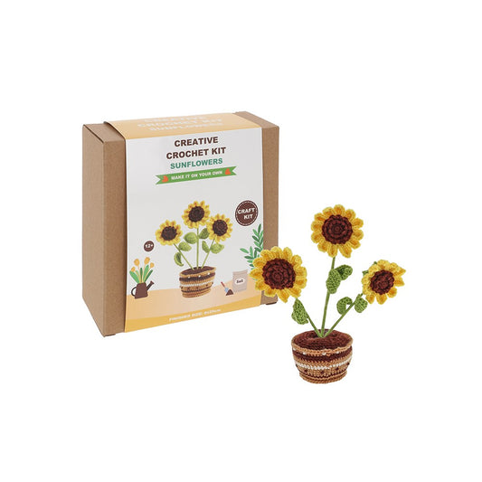 Crochet sunflower kit with packaging on a white background