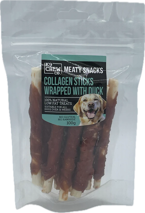 Package of K9 Chew Co. collagen sticks wrapped with duck for dogs, showing a dog on the label.