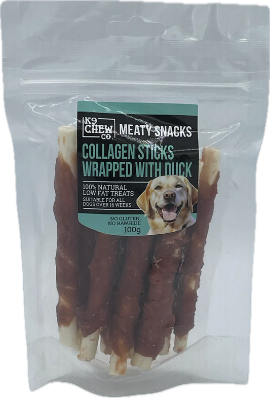 Package of K9 Chew Co. collagen sticks wrapped with duck for dogs, showing a dog on the label.
