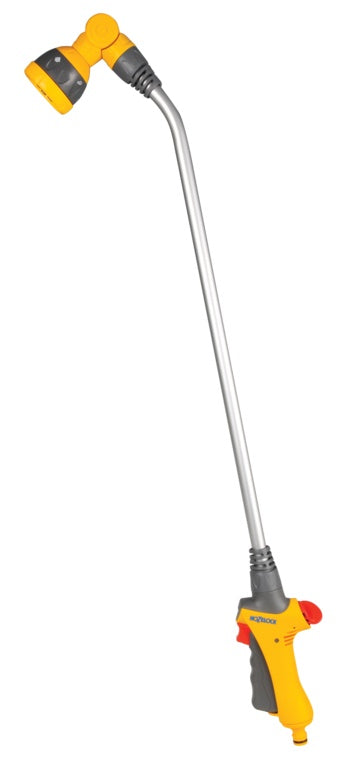 Yellow and gray garden hose nozzle with extendable arm on a white background
