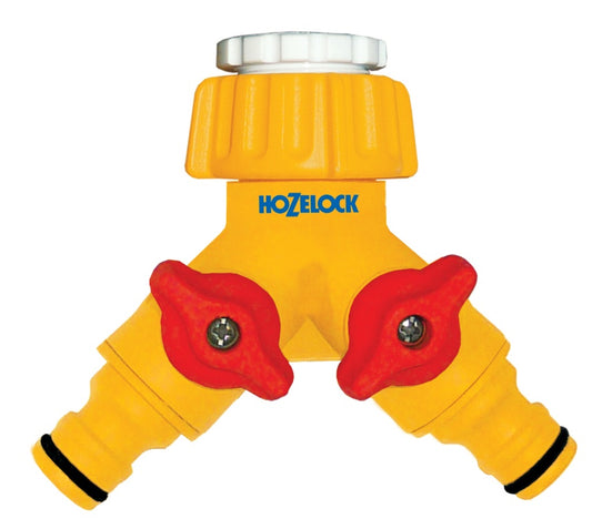 Yellow and red Hozelock garden hose connector on a white background