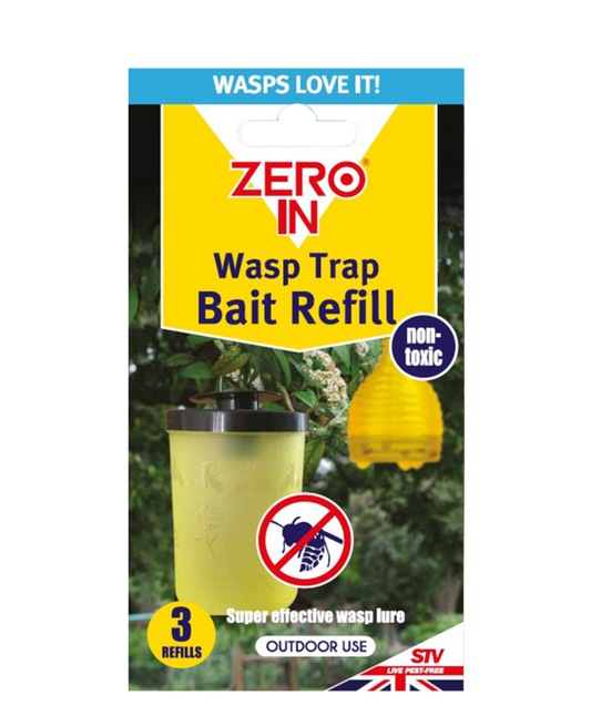 Zero In Wasp Trap Bait Refill packaging with a yellow and blue design on a white background.