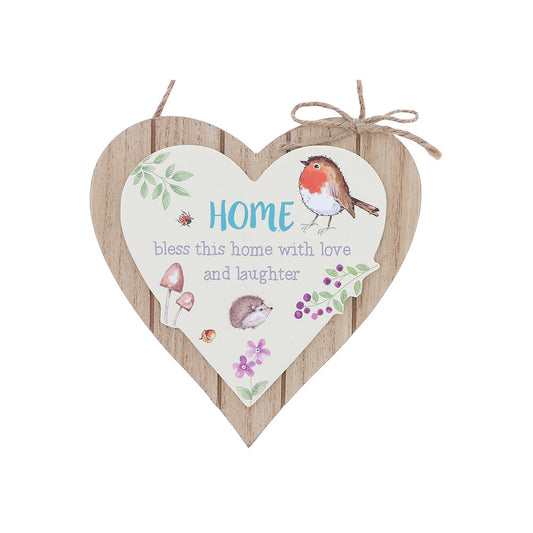 Heart-shaped wooden plaque with a robin illustration and decorative elements on a white background