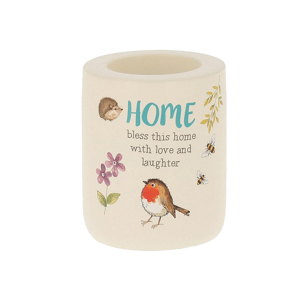 Cream tealight holder with a Robin and other wildlife design