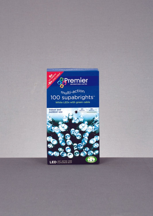 Box of Premier multi-action supabrights LED lights on a gray background