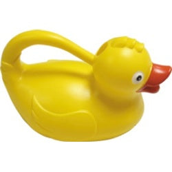 Yellow duck-shaped watering can on a white background