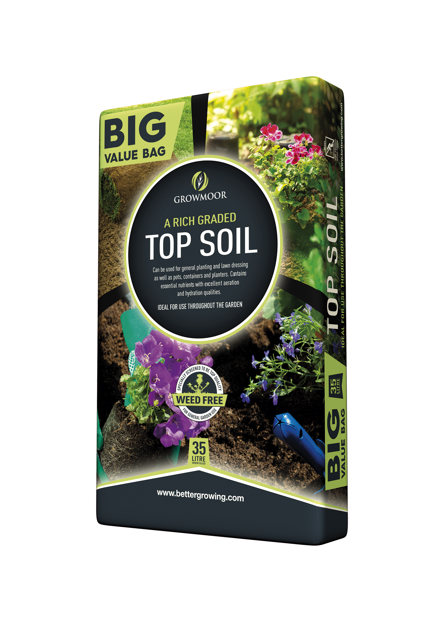 Growmoor top soil packaging with gardening imagery on a white background