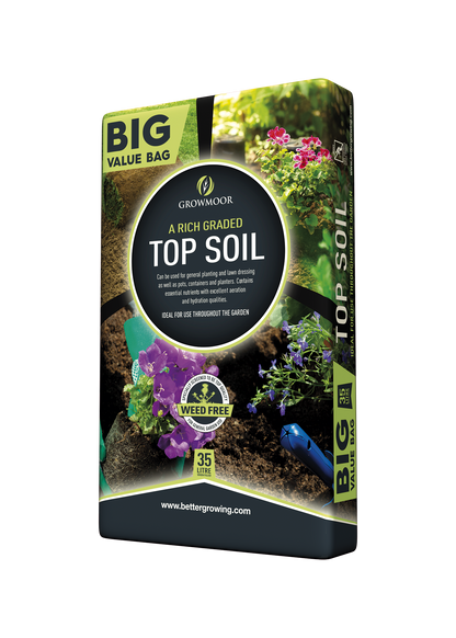 Growmoor top soil packaging with gardening imagery on a white background