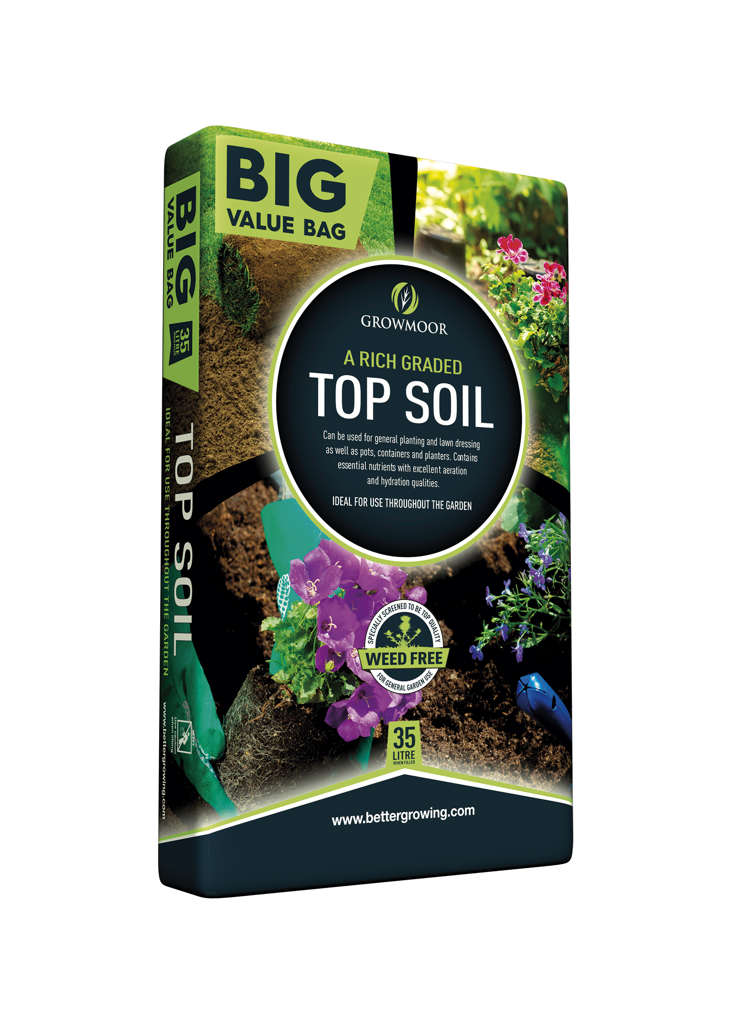 Growmore top soil packaging with gardening imagery on a white background