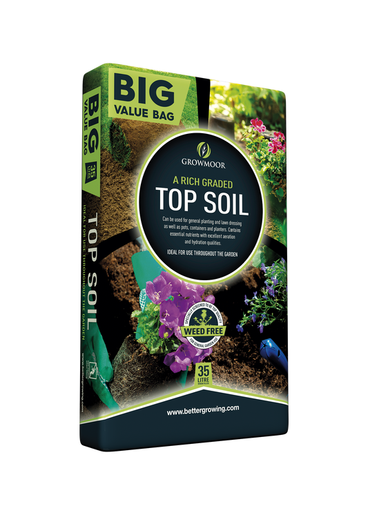 Growmore top soil packaging with gardening imagery on a white background