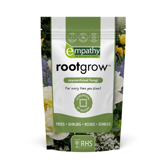 Rootgrow mycorrhizal fungi package with branding and product details on a white background