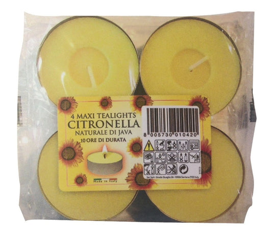 Pack of Citronella maxi tealights with a visible brand label and barcode.