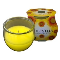 Yellow candle in a glass jar with a Citronella product packaging in the background