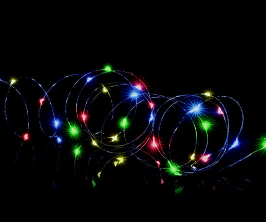 Colorful string lights on a black background