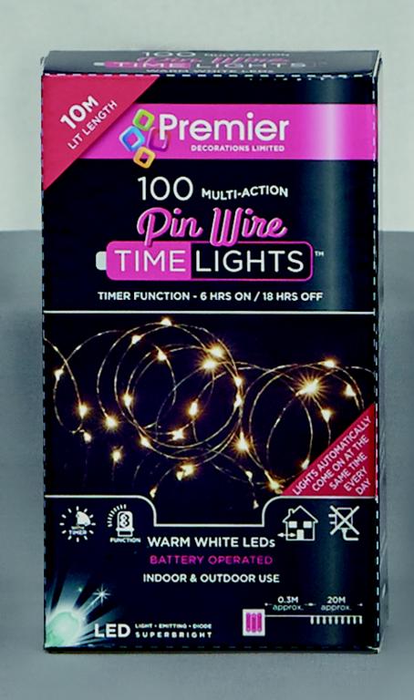 Box of Premier Time Lights pin wire string lights on a gray background