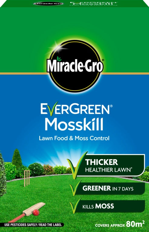 Box of Miracle-Gro EverGreen Mosskill lawn food and moss control with green and blue design.